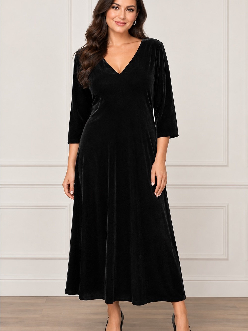 Coldwater Creek Black Velvet V-Neck Long Sleeve Dress